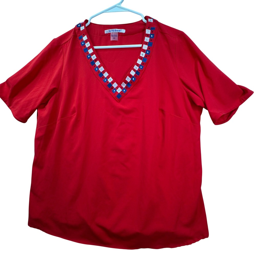Nygard Blouse Women 2X Red Short Sleeve V-Neck Embroidered Trim Modern Light